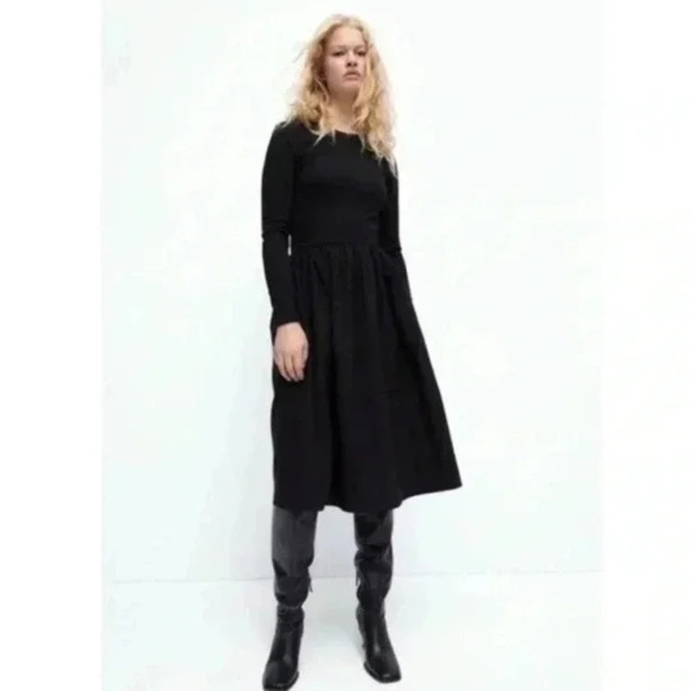NWT Zara Black Fit and Flare Long Sleeve Midi Dress